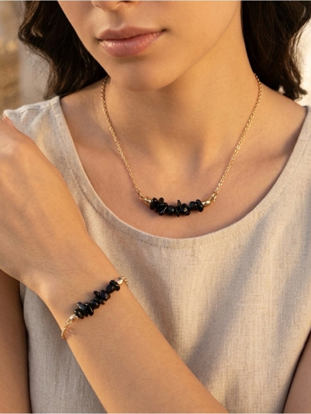 Minimalist Gold Chain Necklace with Black Stone Accents - Women Jewelry